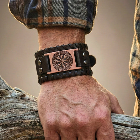 THE MEN THING Leather Bracelet VEGVISIR WARRIOR BROWN - "40"mm Wide Genuine Leather Adjustable Cuff Bracelet with Stainless Steel Hook for Men & Boys