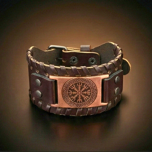 THE MEN THING Leather Bracelet VEGVISIR WARRIOR BROWN - "40"mm Wide Genuine Leather Adjustable Cuff Bracelet with Stainless Steel Hook for Men & Boys