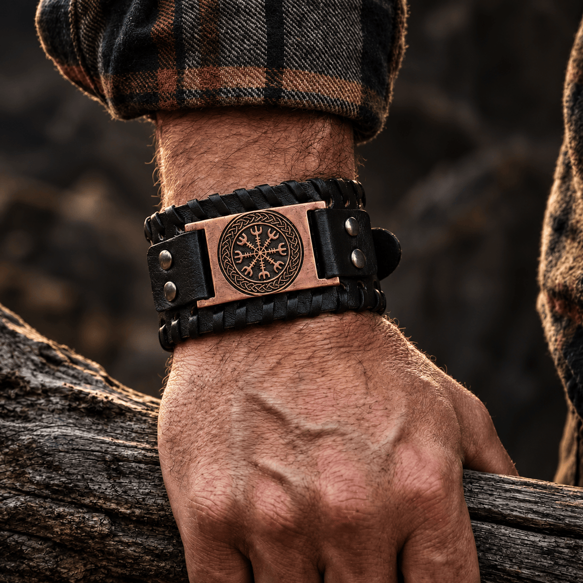 THE MEN THING Leather Bracelet VEGVISIR WARRIOR BROWN - "40"mm Wide Genuine Leather Adjustable Cuff Bracelet with Stainless Steel Hook for Men & Boys