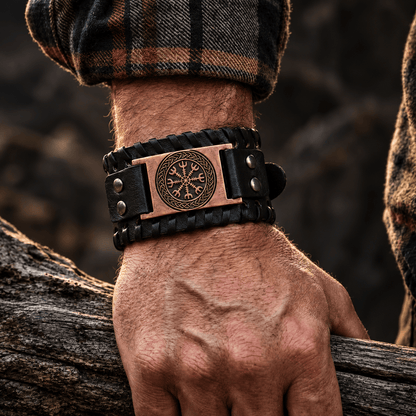 THE MEN THING Leather Bracelet VEGVISIR WARRIOR BROWN - "40"mm Wide Genuine Leather Adjustable Cuff Bracelet with Stainless Steel Hook for Men & Boys