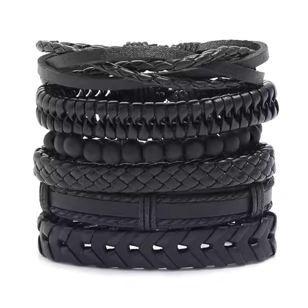 THE MEN THING Leather Bracelet VENOM CUFF 6 Pcs Genuine Leather Adjustable Bracelet Set for Men & Boys (8 inch)