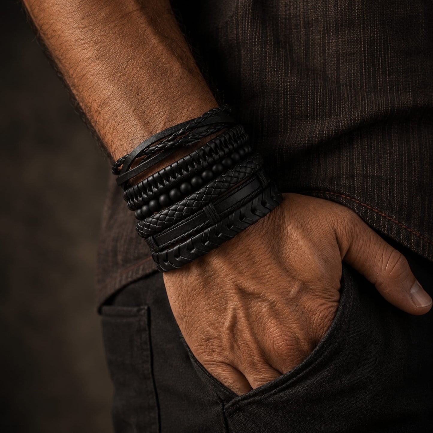 THE MEN THING Leather Bracelet VENOM CUFF - 6 pcs Multi-layer Genuine Braided Leather Bracelet Set for Men & Boys (8 inch)