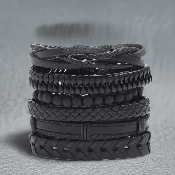 VENOM CUFF - 6 pcs Multi-layer Genuine Braided Leather Bracelet Set for Men & Boys (8 inch)