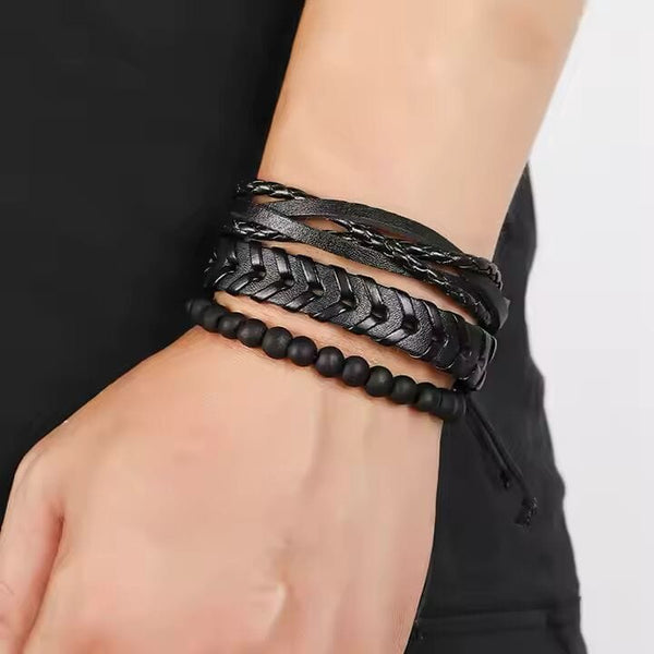VENOM CUFF - 6 pcs Multi-layer Genuine Braided Leather Bracelet Set for Men & Boys (8 inch)