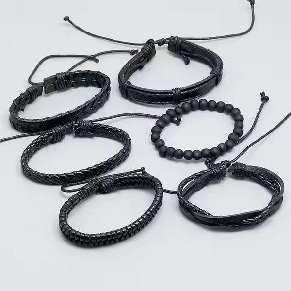 VENOM CUFF - 6 pcs Multi-layer Genuine Braided Leather Bracelet Set for Men & Boys (8 inch)