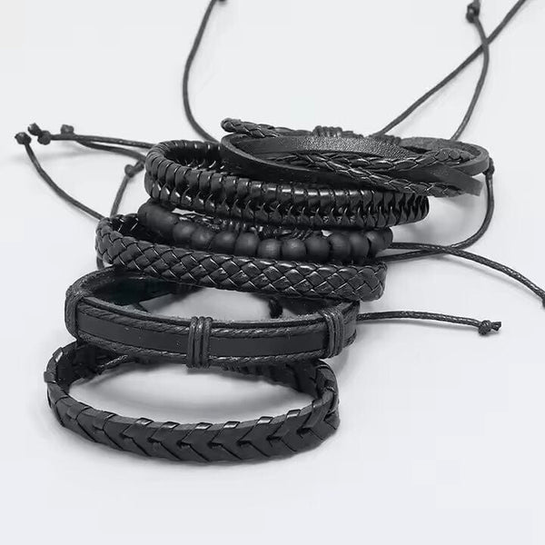 VENOM CUFF - 6 pcs Multi-layer Genuine Braided Leather Bracelet Set for Men & Boys (8 inch)