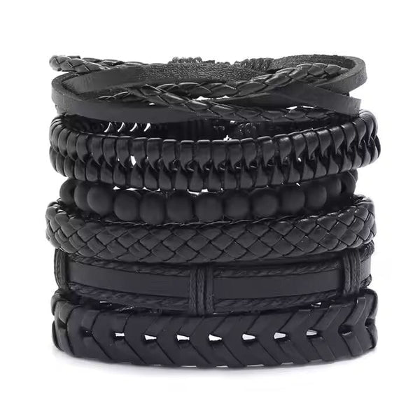 VENOM CUFF - 6 pcs Multi-layer Genuine Braided Leather Bracelet Set for Men & Boys (8 inch)