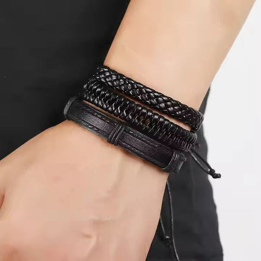 THE MEN THING Leather Bracelet VENOM CUFF - Multi-layer Genuine Braided Leather Bracelet Set for Men & Boys (8 inch)