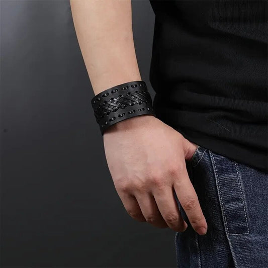 THE MEN THING Leather Bracelet VERTEX STRAP BLACK - Genuine Braided Leather Bracelet Set for Men & Boys (8 inch)