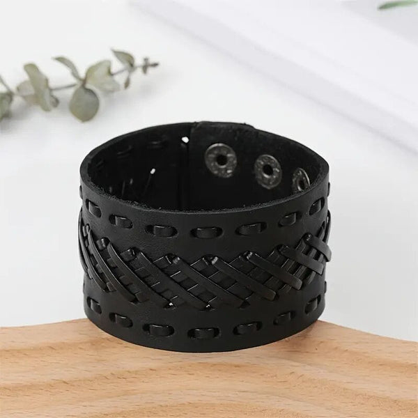 VERTEX STRAP BLACK - Genuine Braided Leather Bracelet Set for Men & Boys (8 inch)