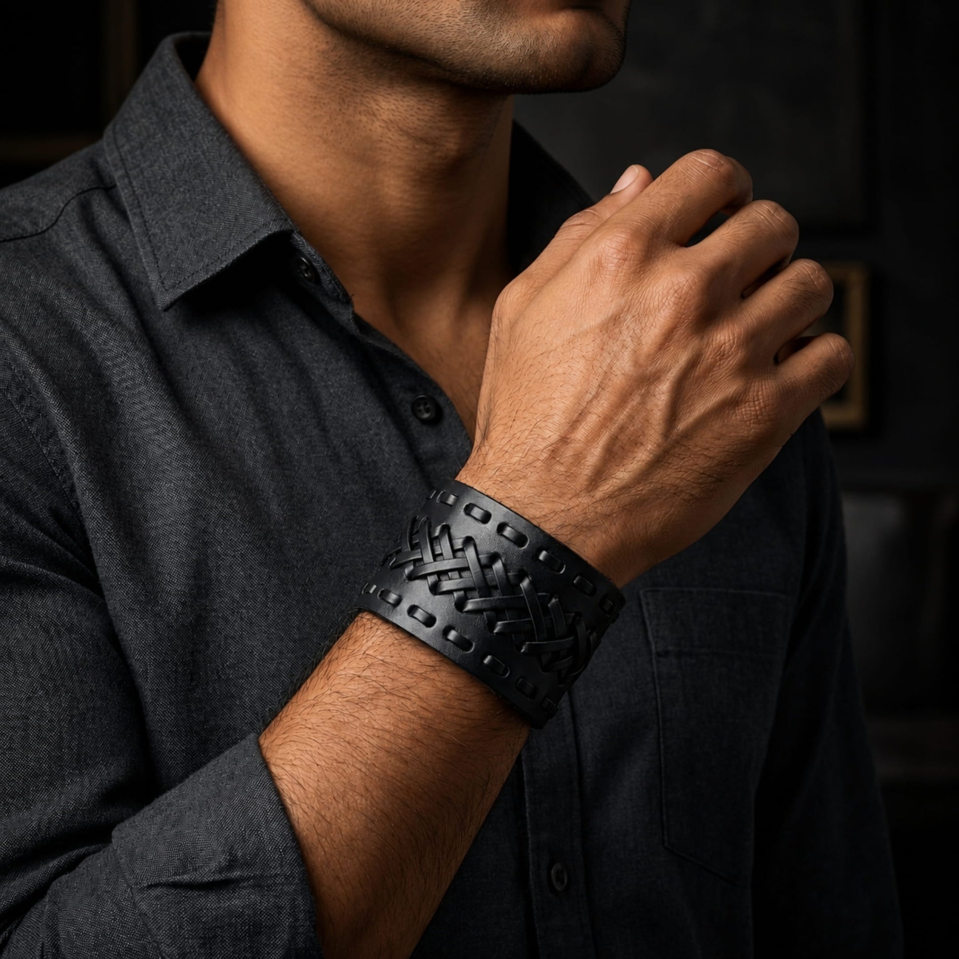 THE MEN THING Leather Bracelet VERTEX STRAP BLACK - Genuine Braided Leather Bracelet Set for Men & Boys (8 inch)