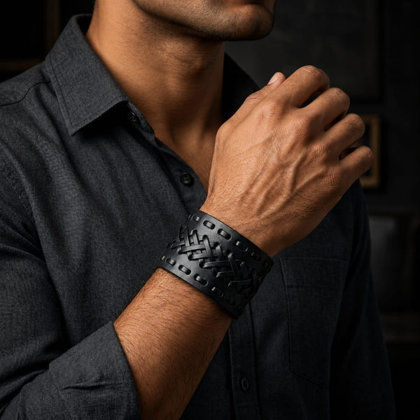 VERTEX STRAP BLACK - Genuine Braided Leather Bracelet Set for Men & Boys (8 inch)