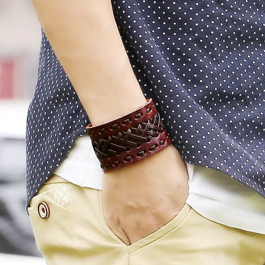 THE MEN THING Leather Bracelet VERTEX STRAP BROWN - Genuine Braided Leather Bracelet Set for Men & Boys (8 inch)