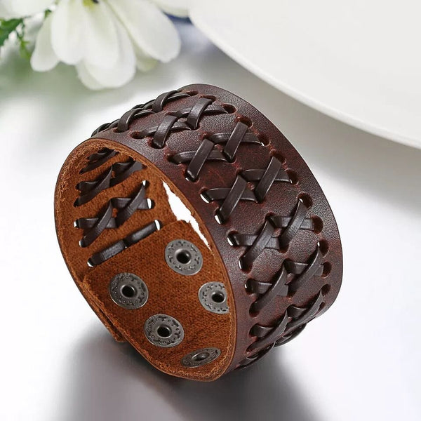 VERTEX STRAP BROWN - Genuine Braided Leather Bracelet Set for Men & Boys (8 inch)