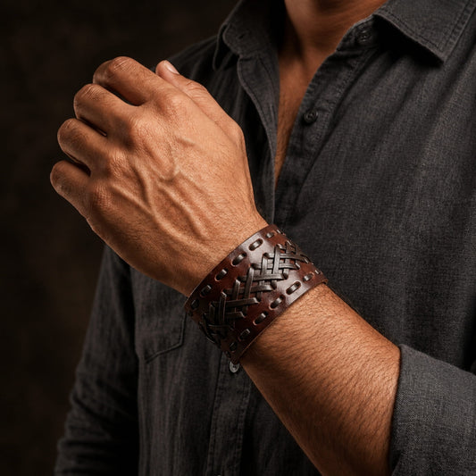 THE MEN THING Leather Bracelet VERTEX STRAP BROWN - Genuine Braided Leather Bracelet Set for Men & Boys (8 inch)