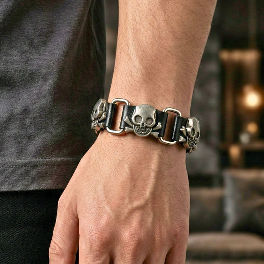 THE MEN THING Leather Bracelet VIKING SKULL - 23 mm Genuine Leather Adjustable Bracelet for Men & Boys (8 to 9 inch)