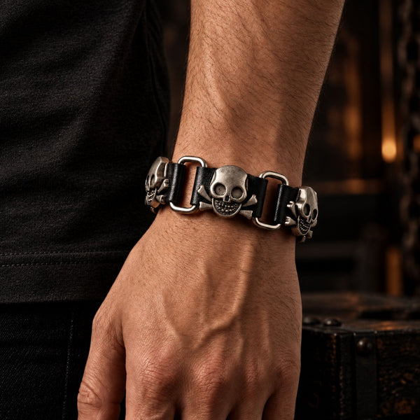 VIKING SKULL - 23 mm Genuine Leather Adjustable Bracelet for Men & Boys (8 to 9 inch)