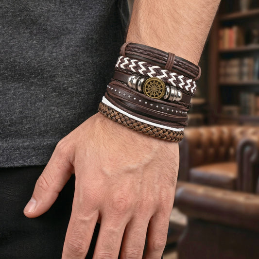 THE MEN THING Leather Bracelet VIKING TRAIL - 6 Pcs Genuine Leather Adjustable Bracelet for Men & Boys