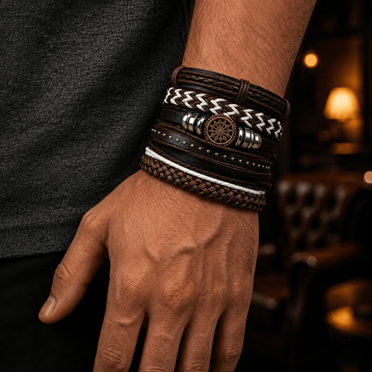 THE MEN THING Leather Bracelet VIKING TRAIL - 6 Pcs Genuine Leather Adjustable Bracelet for Men & Boys