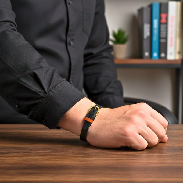 VINTAGE LOOP - 10mm Black Genuine Leather Adjustable Bracelet for Men & Boys (8.8 inch)