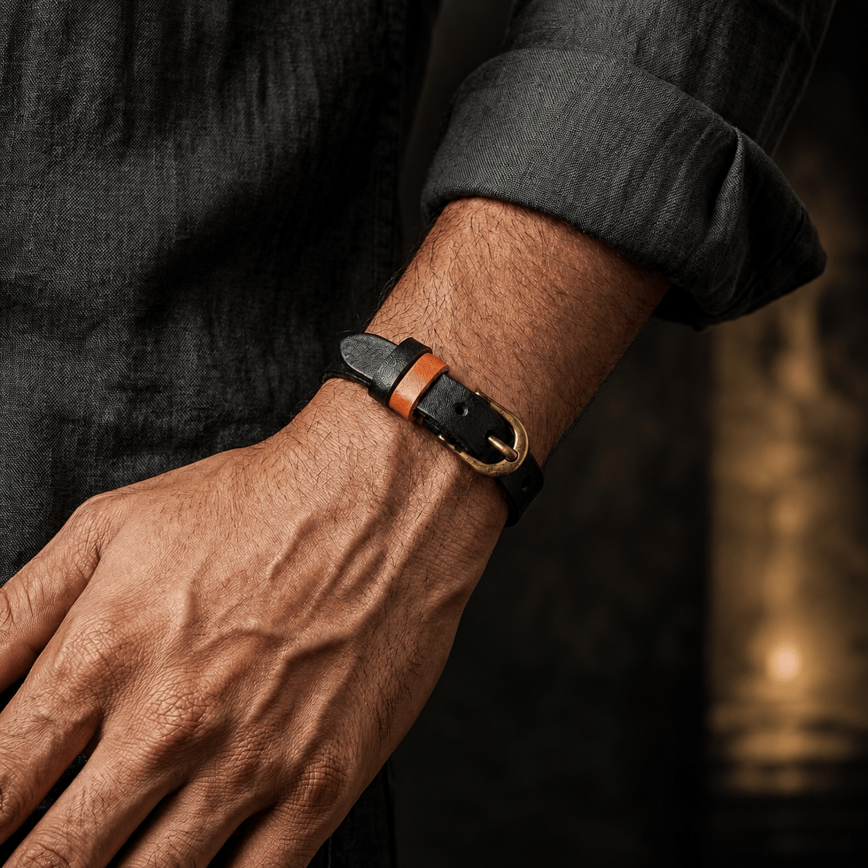 THE MEN THING Leather Bracelet VINTAGE LOOP - 10mm Black Genuine Leather Adjustable Bracelet for Men & Boys (8.8 inch)