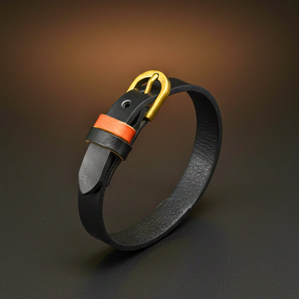 VINTAGE LOOP - 10mm Black Genuine Leather Adjustable Bracelet for Men & Boys (8.8 inch)