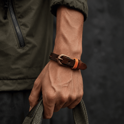 THE MEN THING Leather Bracelet VINTAGE LOOP - 10mm Dark Brown Genuine Leather Adjustable Bracelet for Men & Boys (8.8 inch)