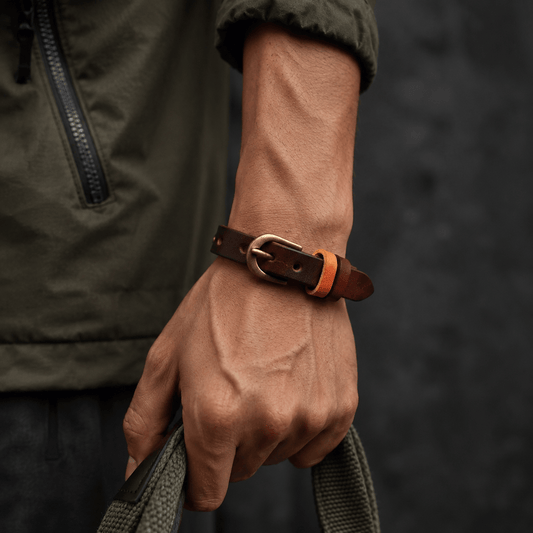 THE MEN THING Leather Bracelet VINTAGE LOOP - 10mm Dark Brown Genuine Leather Adjustable Bracelet for Men & Boys (8.8 inch)