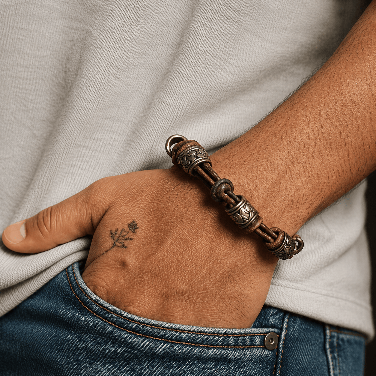 THE MEN THING Leather Bracelet VINTAGE NOVA - Genuine Leather Braided Bracelet with Lobster Clasp for Men & Boys (8 inch)