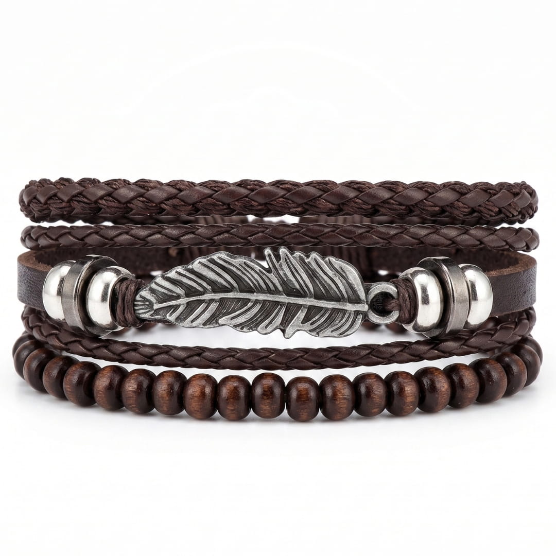 THE MEN THING Leather Bracelet VINTAGE PLUME - 3Pcs Genuine Leather Adjustable Bracelets Set for Men & Boys (8 inch)