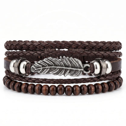 THE MEN THING Leather Bracelet VINTAGE PLUME - 3Pcs Genuine Leather Adjustable Bracelets Set for Men & Boys (8 inch)