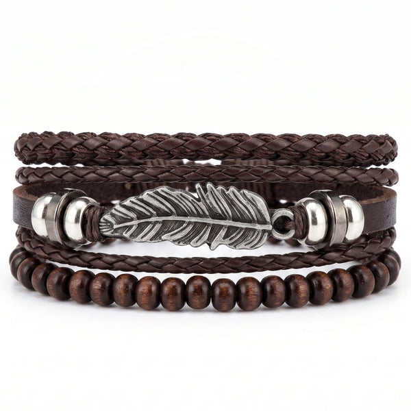 VINTAGE PLUME - 3Pcs Genuine Leather Adjustable Bracelets Set for Men & Boys (8 inch)