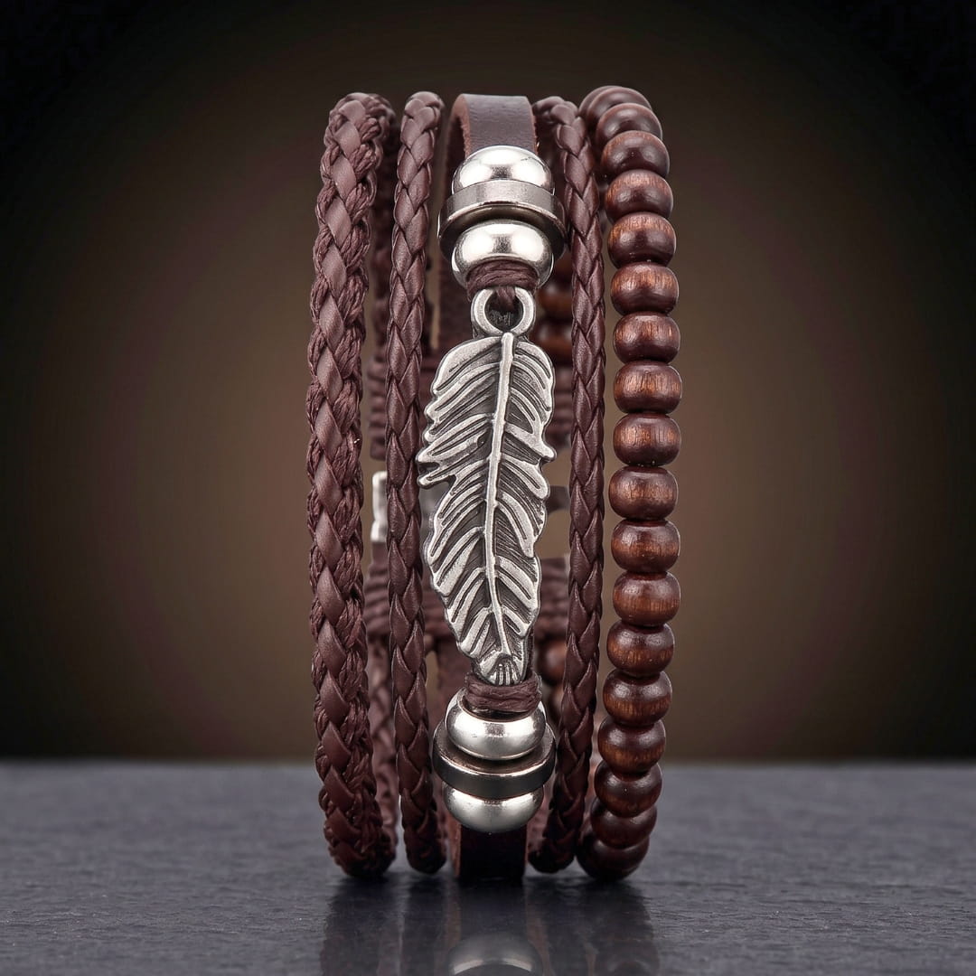 THE MEN THING Leather Bracelet VINTAGE PLUME - 3Pcs Genuine Leather Adjustable Bracelets Set for Men & Boys (8 inch)
