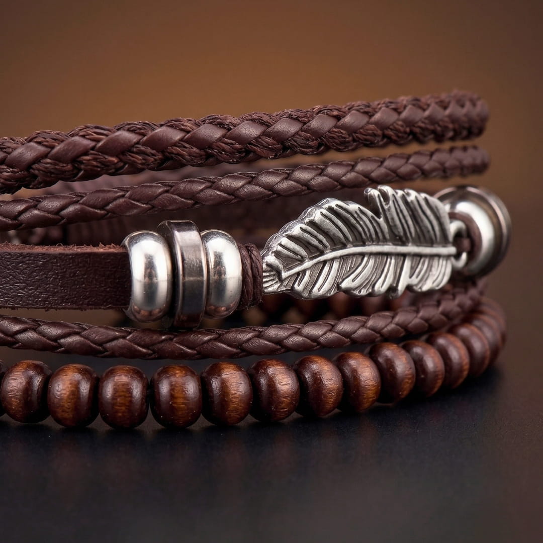 THE MEN THING Leather Bracelet VINTAGE PLUME - 3Pcs Genuine Leather Adjustable Bracelets Set for Men & Boys (8 inch)