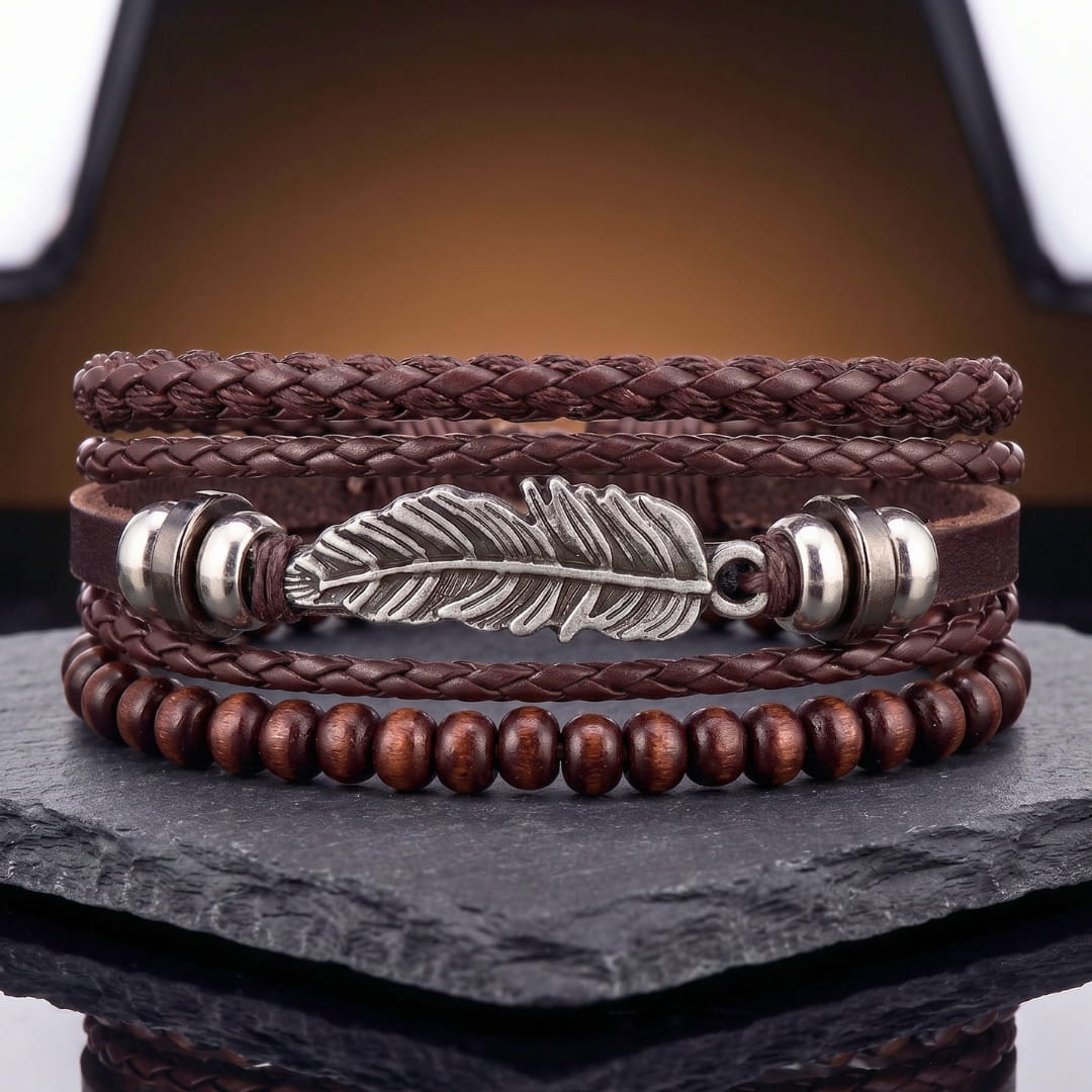THE MEN THING Leather Bracelet VINTAGE PLUME - 3Pcs Genuine Leather Adjustable Bracelets Set for Men & Boys (8 inch)