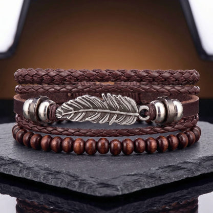 THE MEN THING Leather Bracelet VINTAGE PLUME - 3Pcs Genuine Leather Adjustable Bracelets Set for Men & Boys (8 inch)