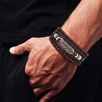 THE MEN THING Leather Bracelet VINTAGE PLUME - 3Pcs Genuine Leather Adjustable Bracelets Set for Men & Boys (8 inch)