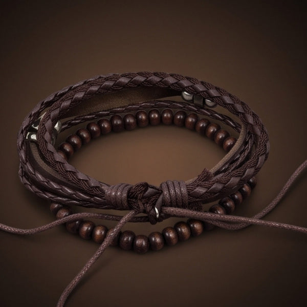 VINTAGE PLUME - 3Pcs Genuine Leather Adjustable Bracelets Set for Men & Boys (8 inch)