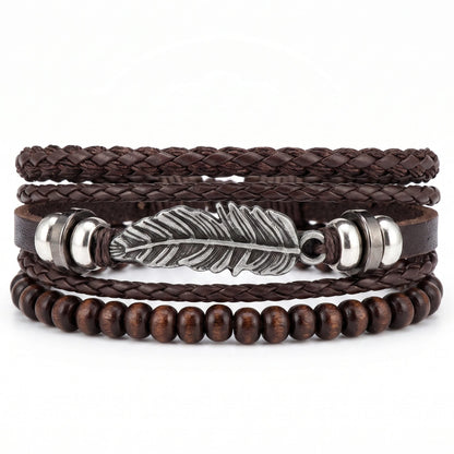 THE MEN THING Leather Bracelet VINTAGE PLUME - 3Pcs Genuine Leather Adjustable Bracelets Set for Men & Boys (8 inch)