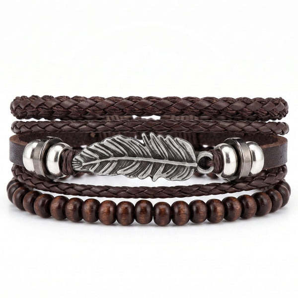 VINTAGE PLUME - 3Pcs Genuine Leather Adjustable Bracelets Set for Men & Boys (8 inch)