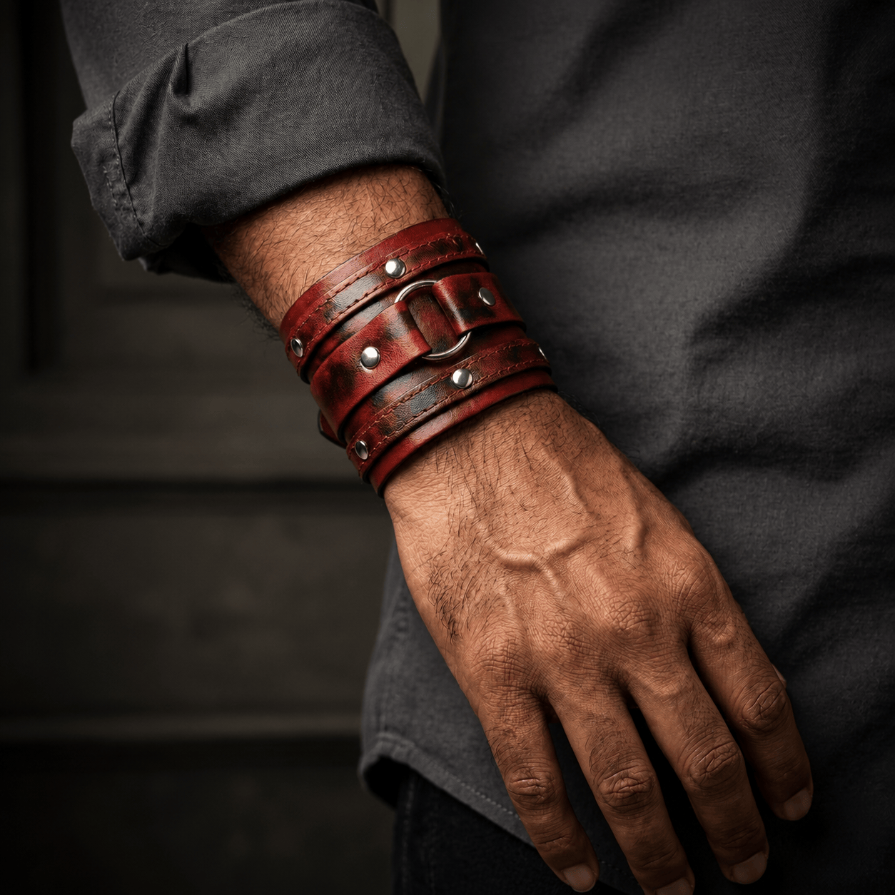 THE MEN THING Leather Bracelet VINTAGE REBEL - 70.8mm Brown Genuine Leather Adjustable Bracelet for Men & Boys (7.5-8.5-9 inch)