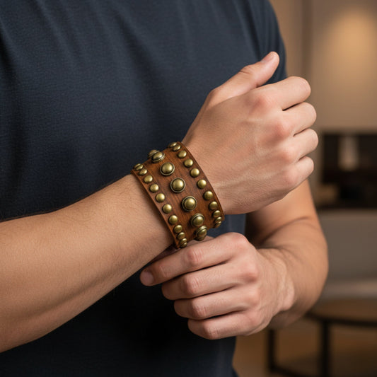 THE MEN THING Leather Bracelet VINTAGE VALOR - 40.7mm Brown Genuine Leather Adjustable Bracelet for Men & Boys (9.3 inch)