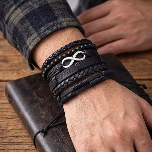 THE MEN THING Leather Bracelet VOID INFINITY - 6 Pcs Genuine Braided Leather Adjustable Bracelets for Men & Boys