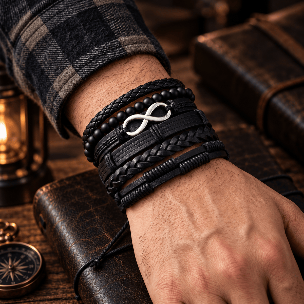 THE MEN THING Leather Bracelet VOID INFINITY - 6 Pcs Genuine Braided Leather Adjustable Bracelets for Men & Boys