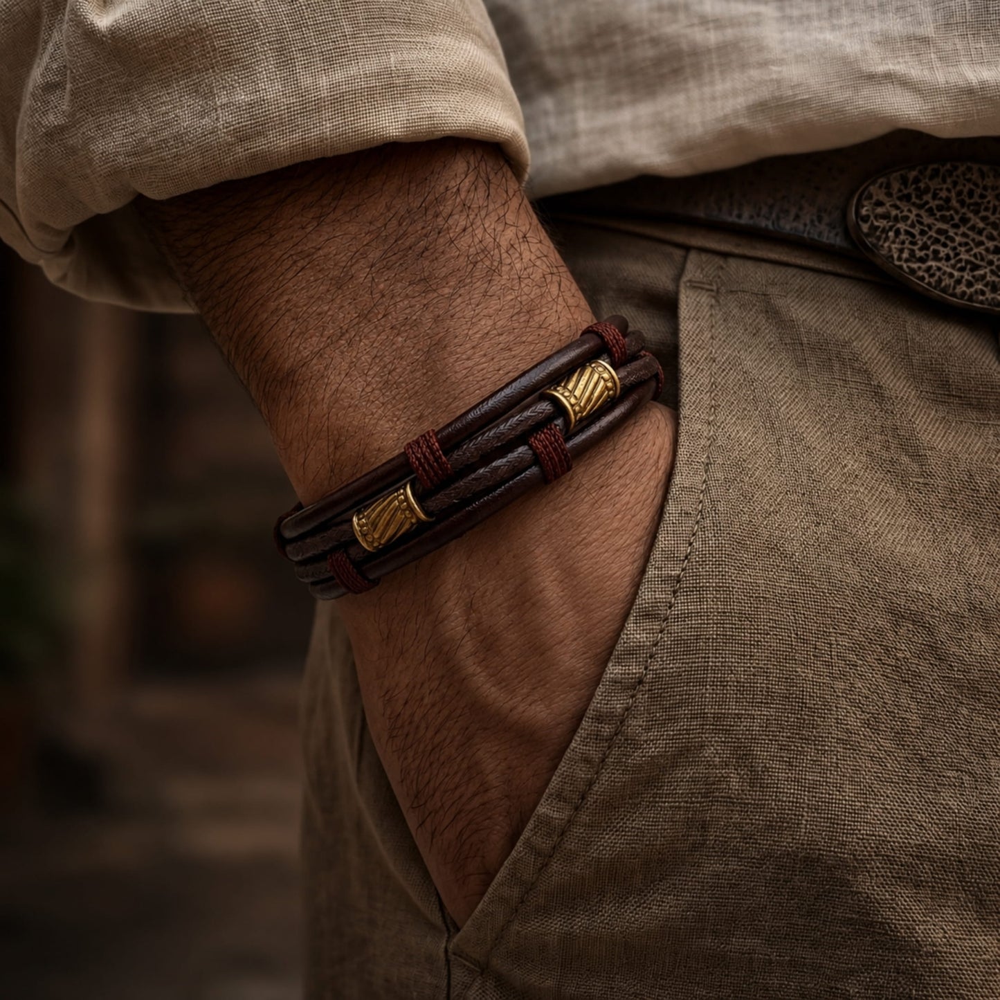 THE MEN THING Leather Bracelet WANDERER’S CUFF - Vintage Brown Genuine Braided Leather Bracelet Set for Men & Boys (8 inch)