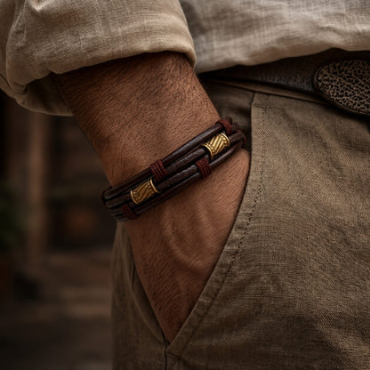 THE MEN THING Leather Bracelet WANDERER’S CUFF - Vintage Brown Genuine Braided Leather Bracelet Set for Men & Boys (8 inch)