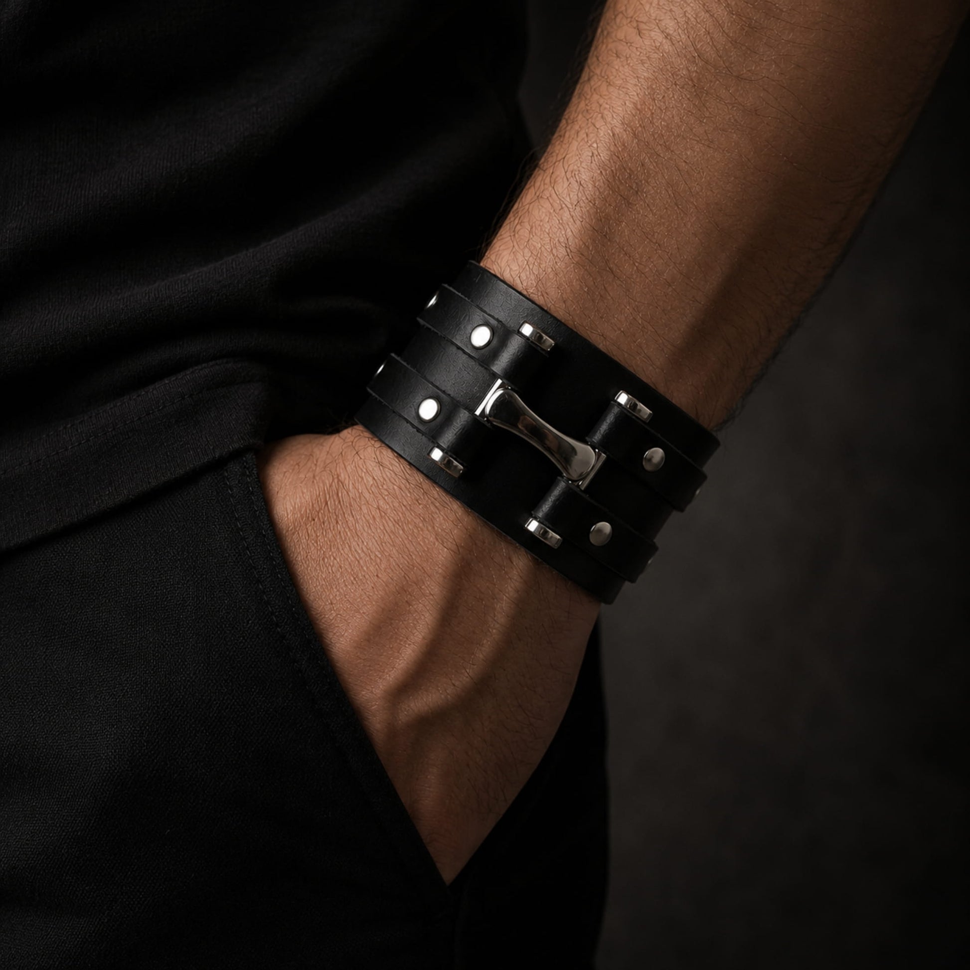 THE MEN THING Leather Bracelet WARFORGE BLACK BAND - Genuine Braided Leather Bracelet Set for Men & Boys (8 inch)