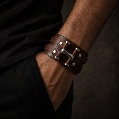 THE MEN THING Leather Bracelet WARFORGE BROWN BAND - Genuine Braided Leather Bracelet Set for Men & Boys (8 inch)
