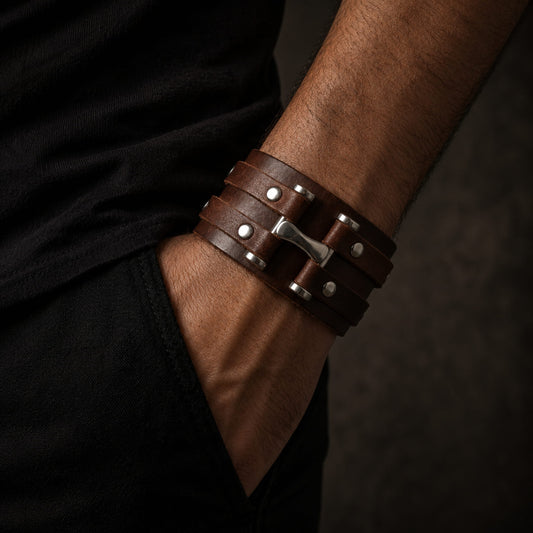 THE MEN THING Leather Bracelet WARFORGE BROWN BAND - Genuine Braided Leather Bracelet Set for Men & Boys (8 inch)
