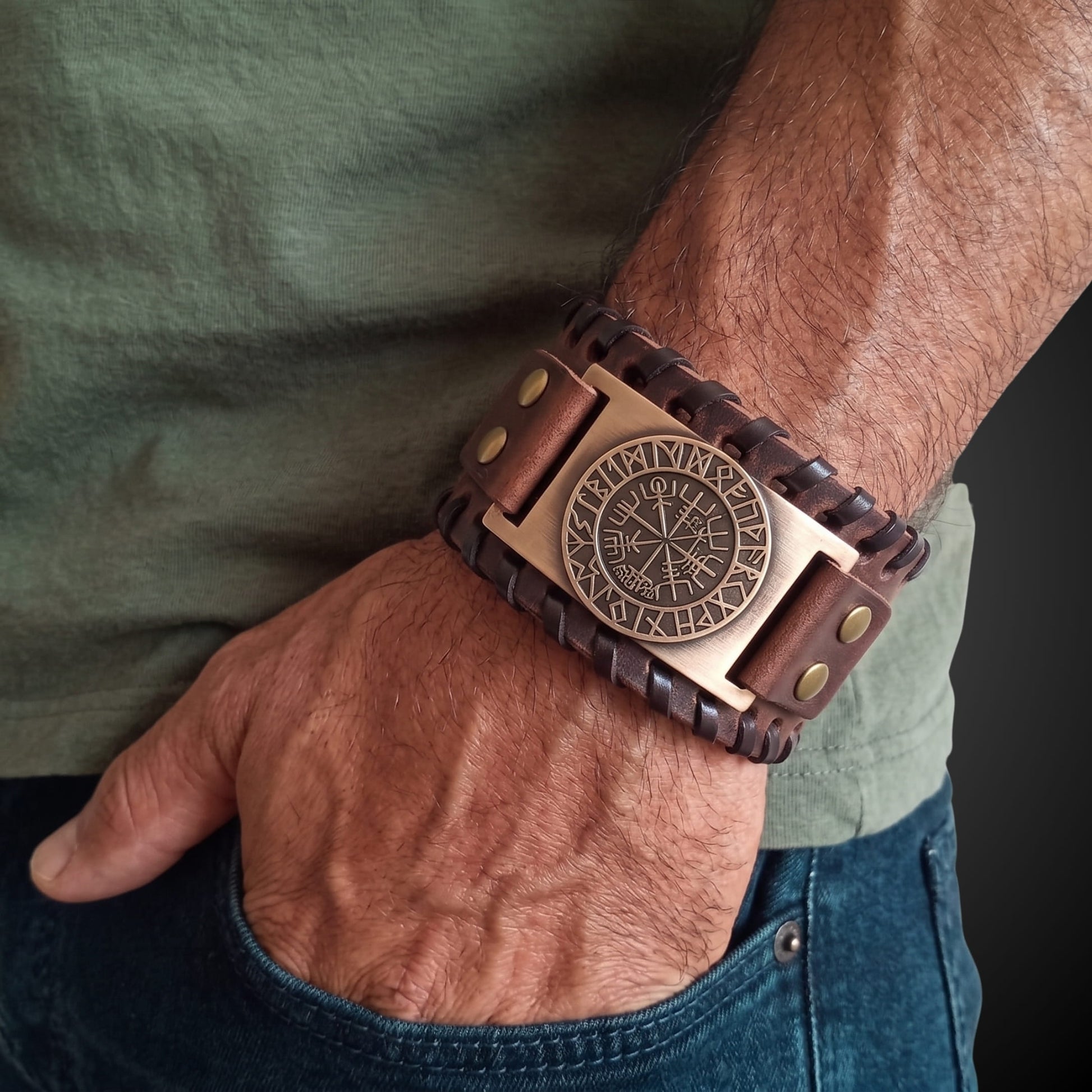 THE MEN THING Leather Bracelet WAYFINDER VIKING BROWN - "38"mm Wide Genuine Leather Adjustable Cuff Bracelet with Stainless Steel Hook for Men & Boys